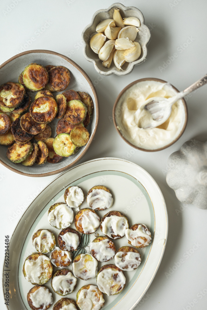 fried squash zucchini with mayonnaise sauce 