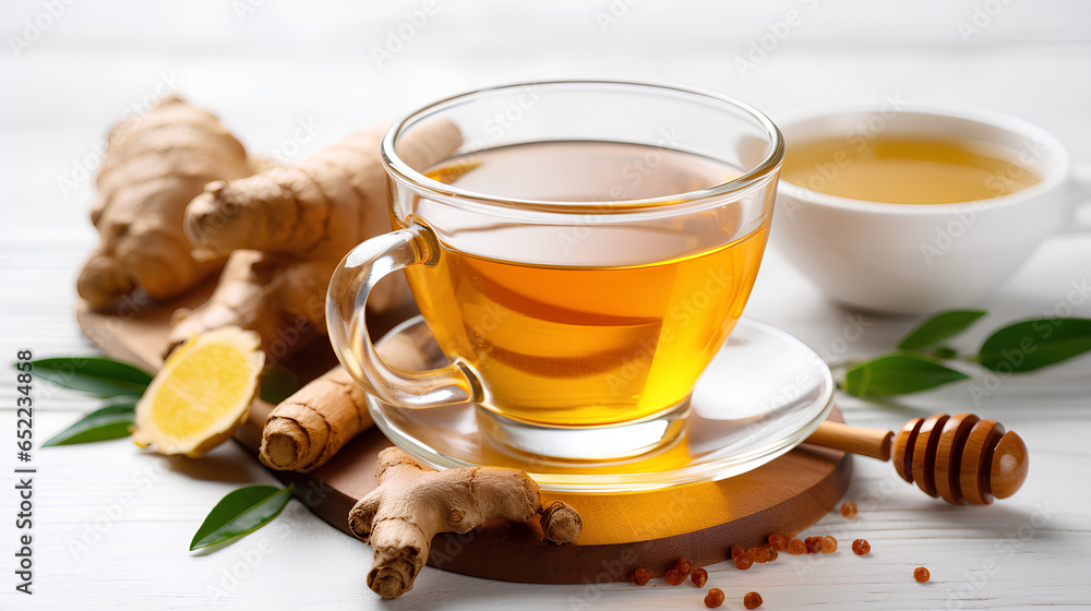 Glass cup of ginger tea and bowl with honey Glass cup of ginger tea and bowl with honey