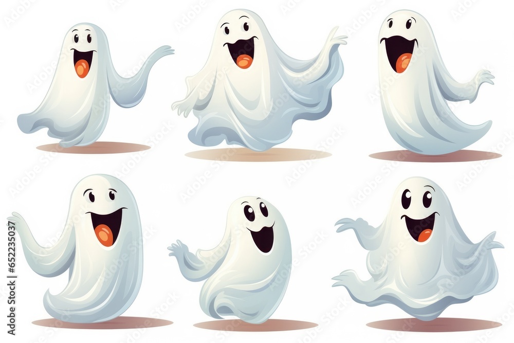 Obraz premium Set of cute funny cartoon ghosts on white background. Halloween concept.