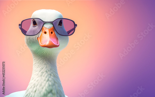 Creative animal concept. Goose bird in sunglass shade glasses isolated on solid pastel background, commercial, editorial advertisement, surreal surrealism