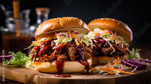Pulled pork sandwiches with cole slaw and bbq sauce on brioche buns