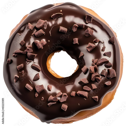 A single chocolate glazed donut with chocolate chips isolated on transparent