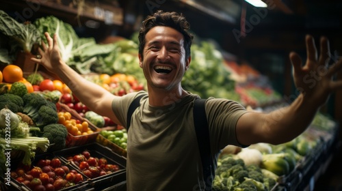 The man laughs and gives a thumbs up. man in the food market. Generative AI