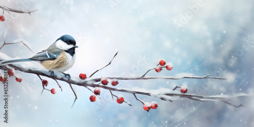 A cute chickadee sitting sitting on a twig with red berries, winter background and copy space