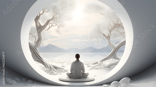 Young woman sitting meditating, relaxing body and mind, Mental health and meditation concept, Mindfulness and no stress, Generative AI