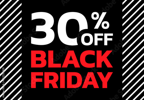 Black Friday sale banner. 30 percent price off label or tag design. Discount, promotion background with 30% off icon. Vector illustration.