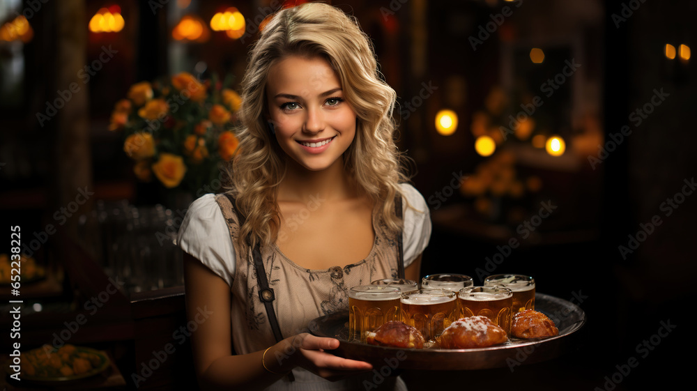 Waitress With Bear Mugs and Pretzels at Oktoberfest Festival Celebration, Wearing a Traditional Bavarian German White Blouse Dirndl. Young Beautiful Sexy Blonde Girl. Wooden Counter and Bar Pub 