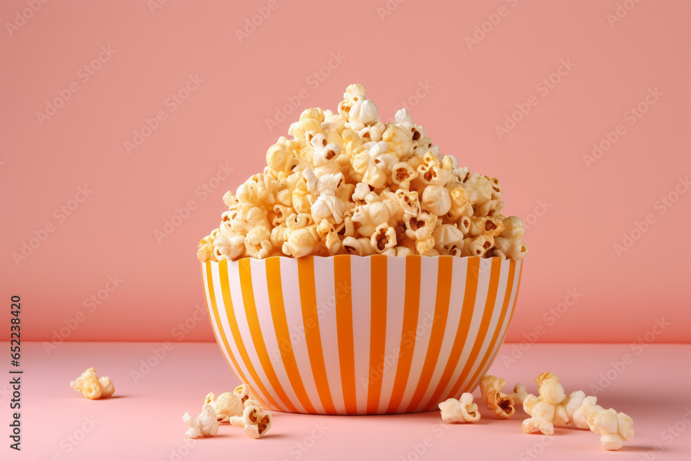 Popcorn in striped bowl on pastel pink background Popcorn in striped bowl on pastel pink background