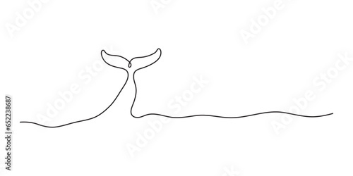 Whale tail continuous line drawing. Endangered animals for World Whale Day symbol. Minimalist line art isolated on white background with copy space