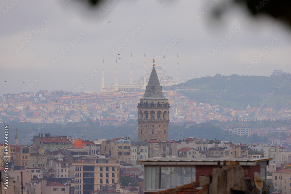 Galata Tower and new Camlica mosque istanbul Turkey