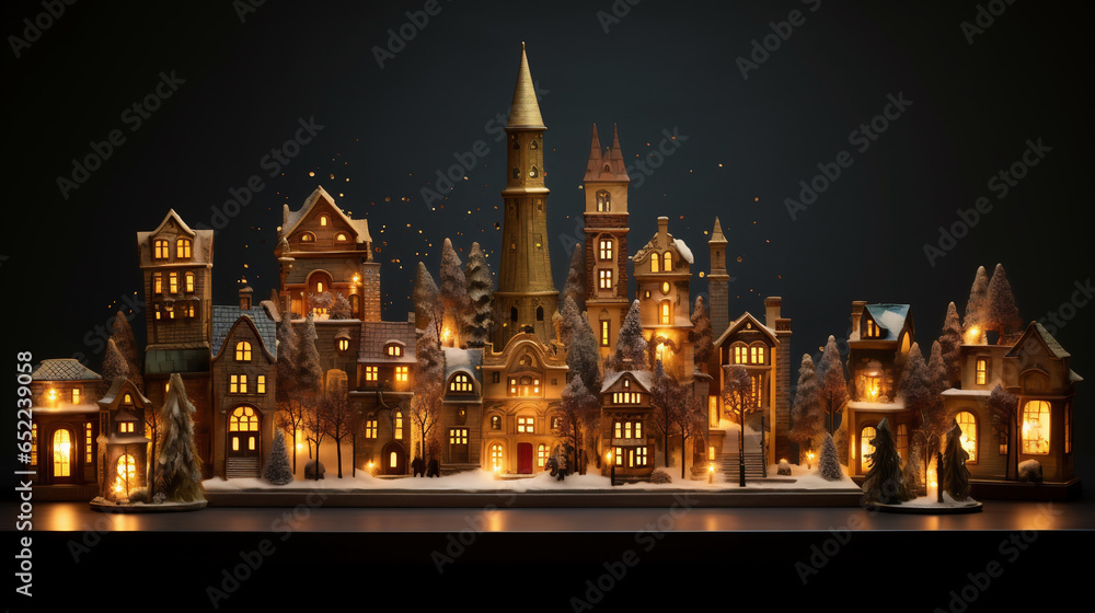 Miniature winter houses composition with lights and Christmas trees under snow. AI Generative