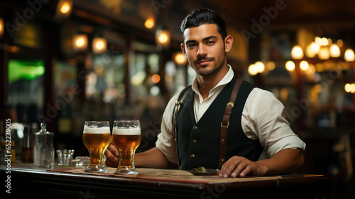 Bartender With Bear Mugs at Wooden Counter Bar Pub   Oktoberfest Festival Celebration Party  Wearing a Traditional Bavarian German Costume. Weiter Serving Beer. Man holding a pint of beer  foamy drink
