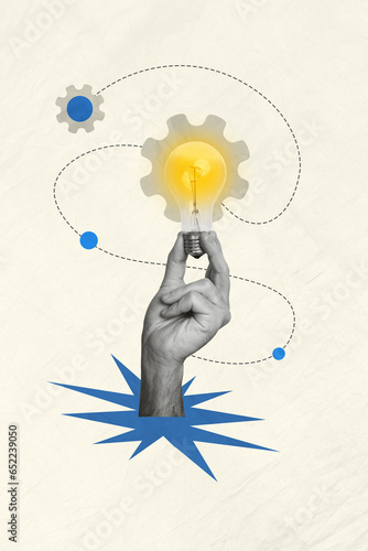 фотографія Poster collage conceptual photo image of human arm hold lamp bulb brillint ide g