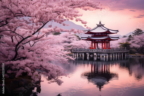 cherry blossoms bloom on the riverbank  with a view of the Japan temple