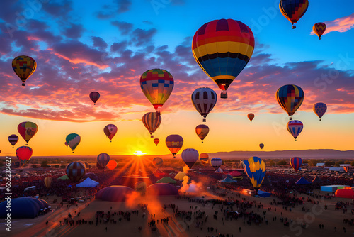 Hot air balloons flying at sunrise (with the Sandia Mountains in the background, Albuquerque International Balloon Fiesta, New Mexico #652239627