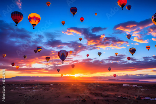 Hot air balloons flying at sunrise (with the Sandia Mountains in the background, Albuquerque International Balloon Fiesta, New Mexico photo