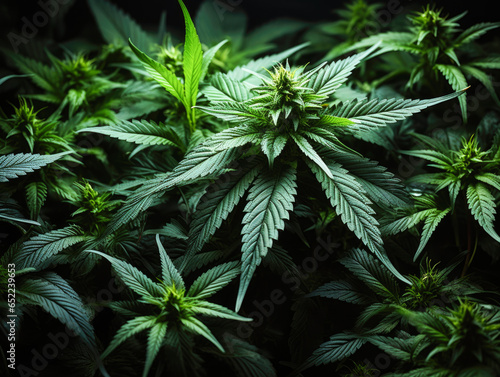 In a top view, lush green leaves dominate the background of a cannabis indica cultivation, featuring marijuana vegetation plants and emphasizing the cultivation of hemp CBD. photo