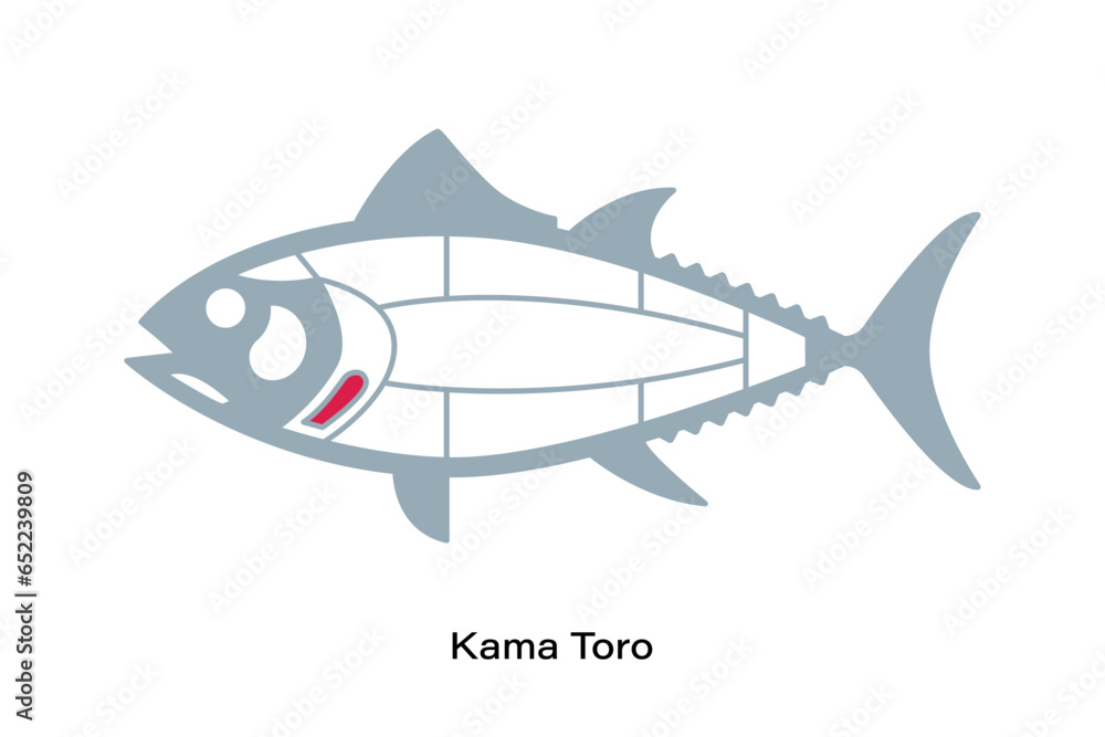 Kama Toro. Tuna Cuts line diagram. Japanese style Kama Toro. Tuna Cuts line diagram. Japanese style