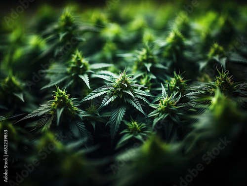 From a top view, the green-toned background features the growth of cannabis indica, highlighting the cultivation of cannabis for hemp CBD, with prominent marijuana leaves and vegetation plants. photo