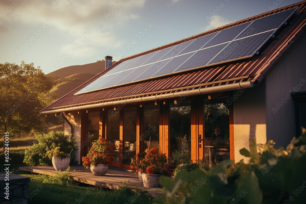 morning light with roof with solar cells morning light with roof with solar cells