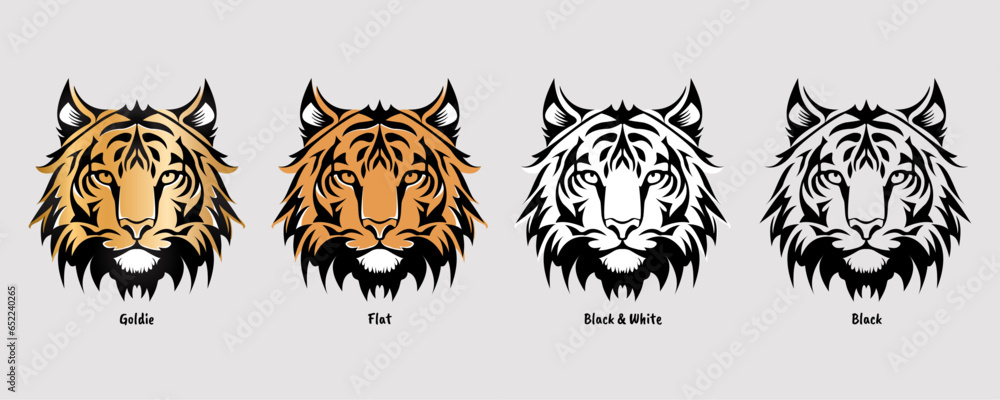 Tiger head image with four color styles: black, black and white, flat, and golden Tiger head image with four color styles: black, black and white, flat, and golden
