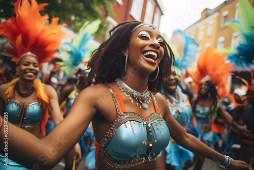 Colombian festival, women wearing costumes with feather crowns and scribbles on their beautiful faces, carnival festivities Magical and Vibrant Photos © manof