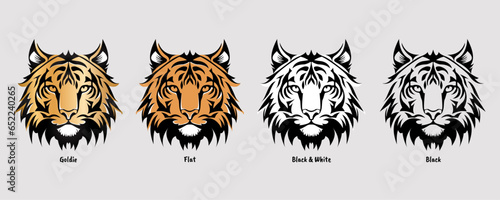 Tiger head image with four color styles: black, black and white, flat, and golden