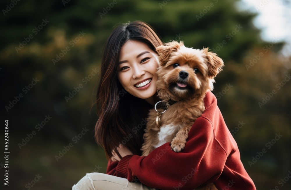 happy young asian woman smiling with dog at park in summer happy young asian woman smiling with dog at park in summer