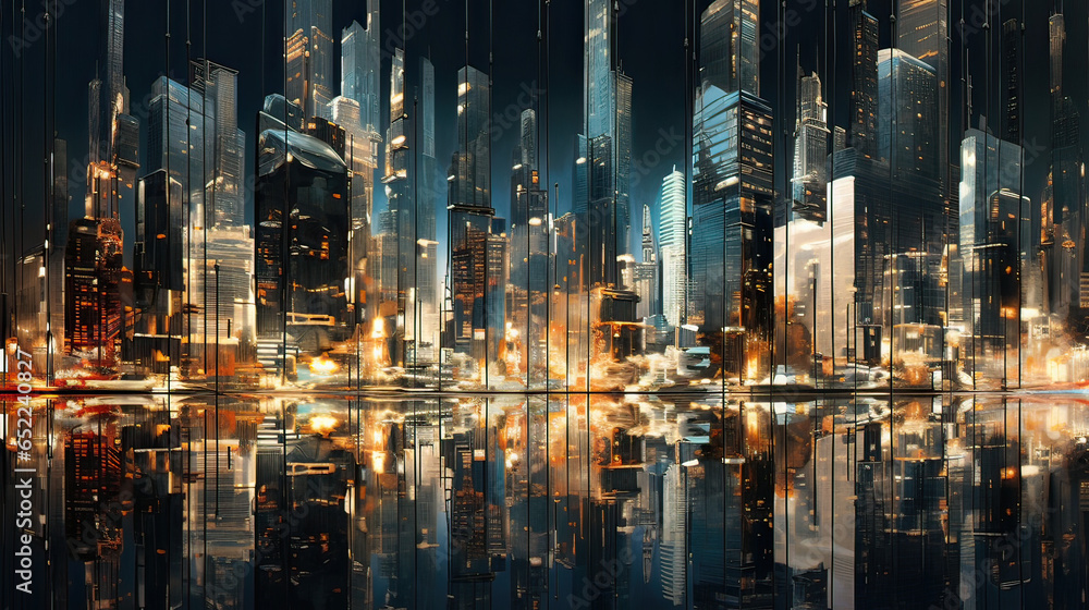 Reflective city creating illusions with mirrored structures. AI generative