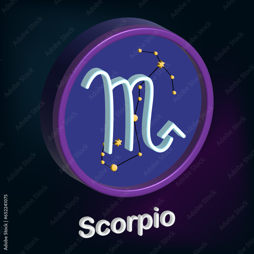 3d illustration, zodiac sign Scorpio, sign framed in the shape circle, esotericism and astrology. Modern simple design on a dark background.
