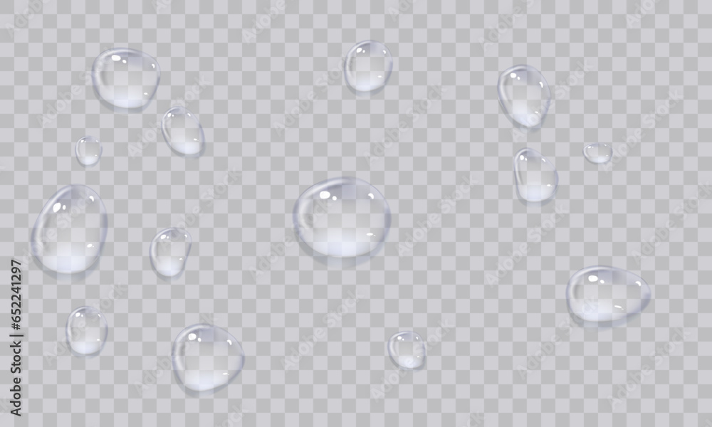 Vector water droplets. Droplets, condensation on glass, on various surfaces. Realistic droplets on a transparent isolated background. PNG. - obrazy, fototapety, plakaty 