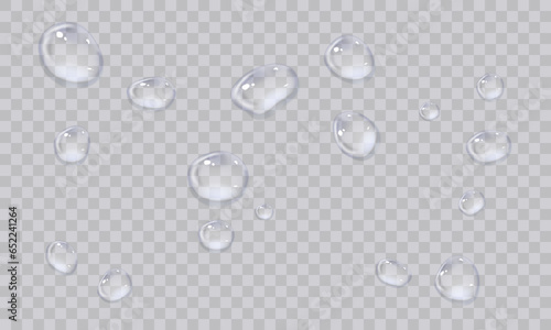 Vector water droplets. Droplets  condensation on glass  on various surfaces. Realistic droplets on a transparent isolated background. PNG.