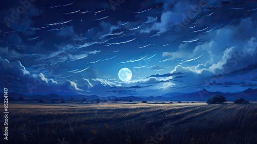 Fényképezés Wheat fields under a sapphire sky, bathed in moonlight