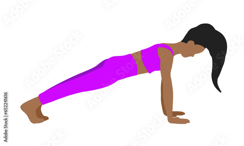 Flexibility yoga pose. African American longhair female, lady, woman, girl. Pilates, mental health, training, gym. Vector illustration in cartoon flat style isolated on white background.