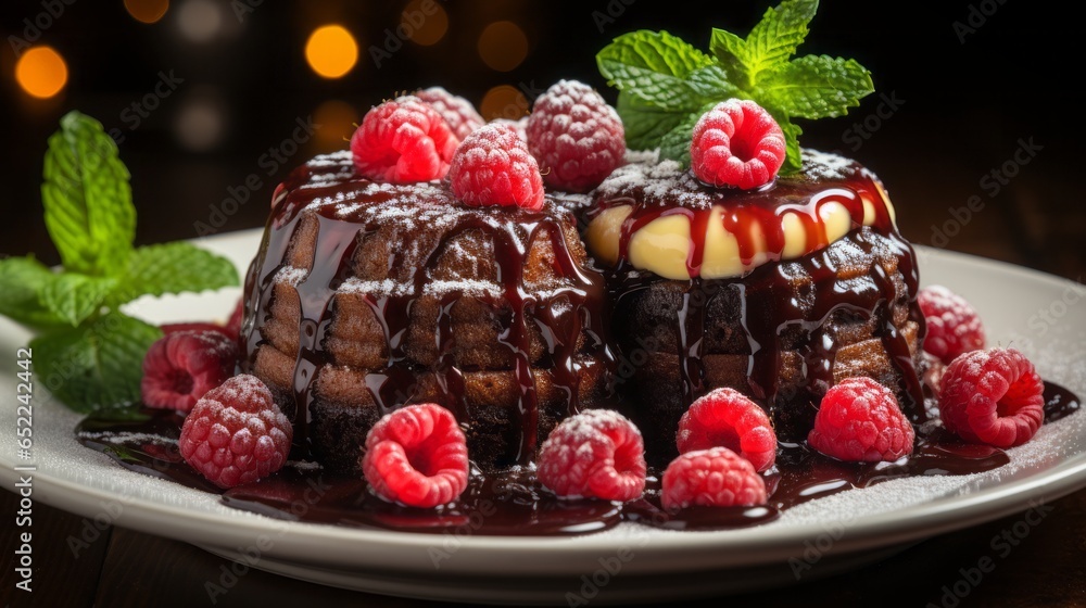 Chocolate lava cake on dark moody background,  valentines day dessert. Generative Ai. 