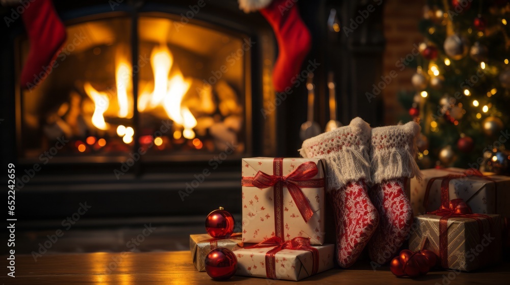 Beautiful Christmas interior with fireplace, gifts and christmas tree. Generative Ai. 