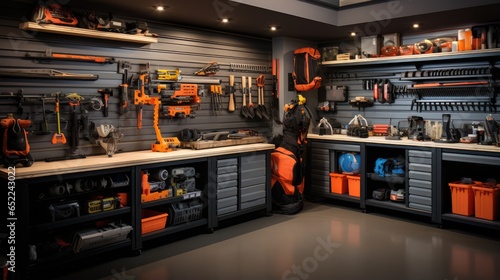 The garage storage shelves are lined with neatly organized automotive tools and supplies.