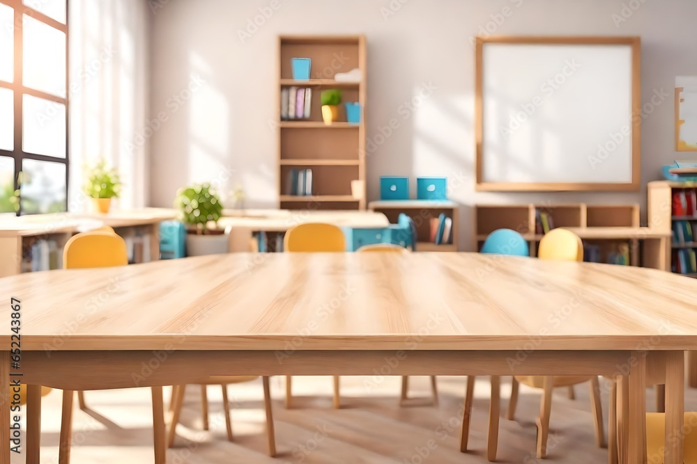 The Blank wooden table top on the blurred schoolchild room interior background