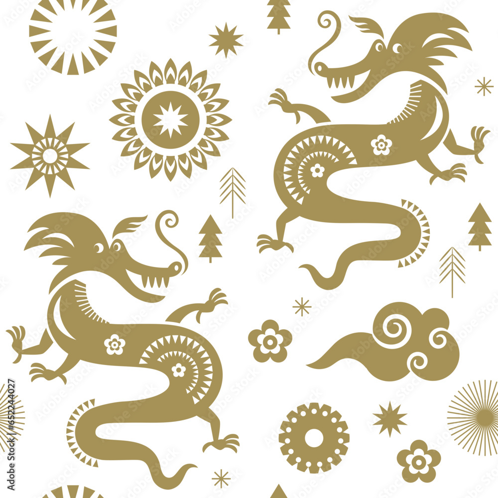 Seamless pattern with Dragon. Golden color on white. Year of the Dragon. Seamless pattern with Dragon. Golden color on white. Year of the Dragon.