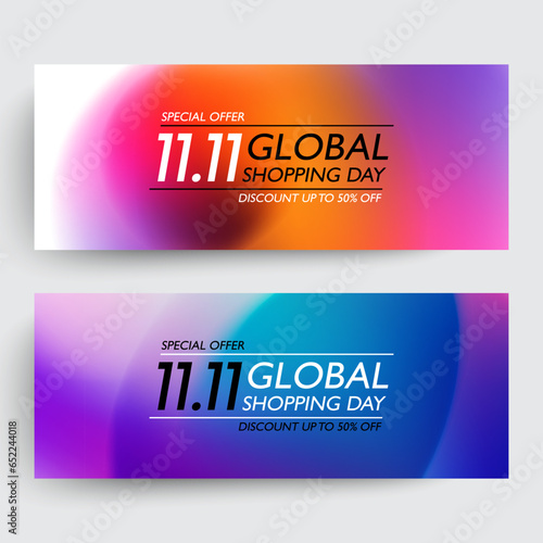 Global Shopping Day horizontal banners. Commercial backgrounds for sale promotion, discount shopping and advertising. Bright color gradients. Vector illustration.