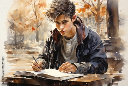 A man sitting at a table writing in a book. Digital art.