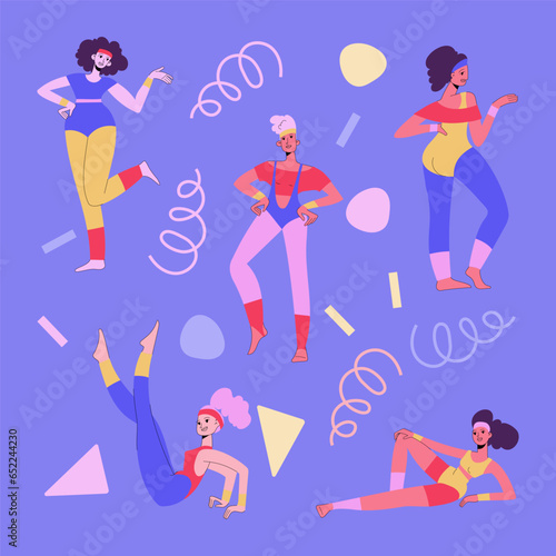 80-90s stylisation. Women doing aerobics. Characters with retro sportswear