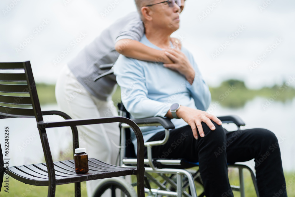Obraz premium Romantic senior woman embracing man sitting on wheelchair. Elderly people take care of each other.