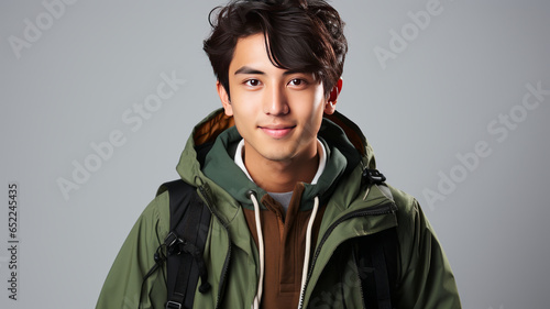 happineess cheerful asian adult male teenager backpack casual cloth ready to school.generative ai