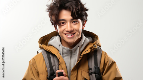 happineess cheerful asian adult male teenager backpack casual cloth ready to school.generative ai © LomaPari2021