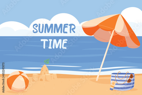 Summer time , sea with beach, umbrella, castle and ball