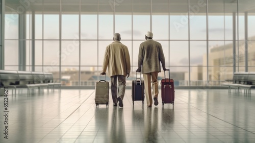 Back view of two senior men with luggage at modern airport.