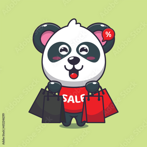 cute panda with shopping bag in black friday sale cartoon vector illustration photo