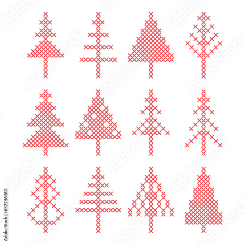 Set of Christmas tree peasant folk rustic motif. cross stitch fir tree