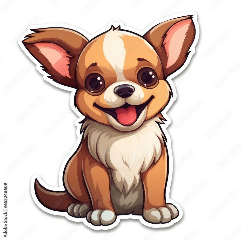 A sticker of a small dog with big eyes. Digital art.